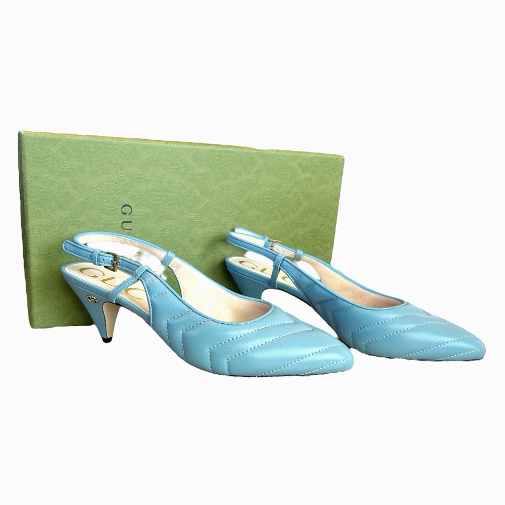 Gucci Charlotte Nappa Slingback Heels Light Blue GG Logo EU 37 EU 37 US 7 Kitten